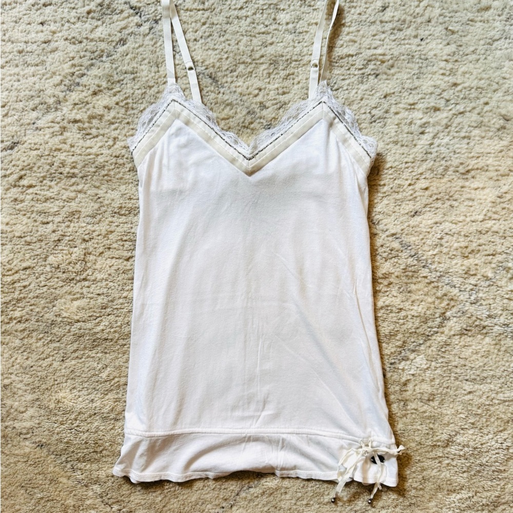 Vintage Abercrombie & Fitch White V-Neck Tie Waist Lace Detail Tank Top